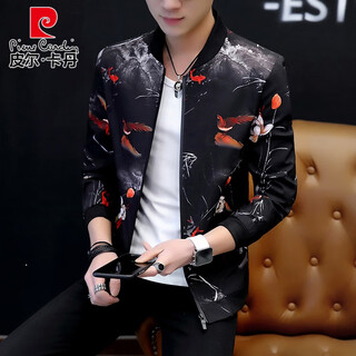 Pierre cardin men's new 2025 stand collar floral jacket korean style spring and autumn thin jacket youth personality handsome baseball uniform men's little goldfish black m