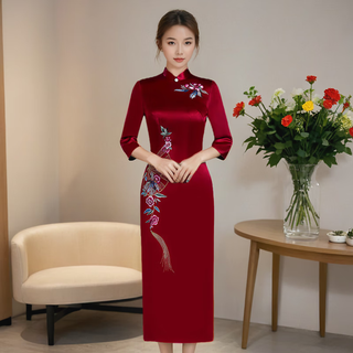 Meifuna cheongsam chinese style autumn and winter new style high-end mother-in-law wedding banquet embroidered cheongsam wedding mother dress for women burgundy 2xl