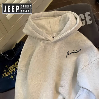 Jeep spirit heavyweight pure cotton white gray american trendy brand letter hooded men's sweatshirt autumn and winter loose plus velvet thick white gray xl (recommended 125-140jin jin equals 0.5 kg)