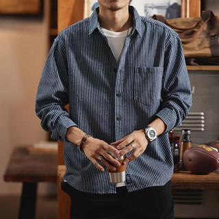 Houchen american retro striped shirt men's loose workwear long-sleeved shirt casual 2025 spring versatile jacket top men blue xl (140-160jin jin equals 0.5kg)