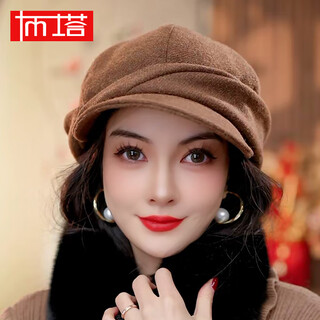 Ptah winter new wool blended autumn and winter plus velvet thickened warm style ear protection fashion painter peaked cap caramel color one size adjustable