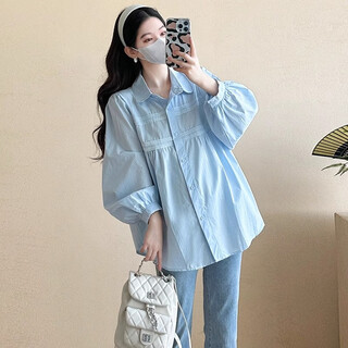 Ranqi mommy maternity shirt spring top 2025 spring new age-reducing belly covering loose shirt women's spring long-sleeved cardigan blue shirt single piece l