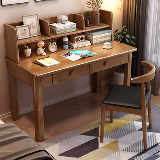 Lin yisheng solid wood desk and bookshelf integrated home small office desk bedroom bedside small desk primary and secondary school students study table walnut color single table + horn chair length 70*width 60*height 115cm single drawer