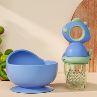 Lnga landgre baby food bite bag, fruit and vegetable happy fruit tool, molar stick, rotatable pusher, pacifier feeding tool, dinosaur style, sky blue + silicone bowl, 2 pack