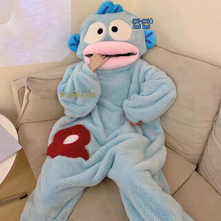 Oxygen clown fish pajamas funny one-piece couple pajamas for men and women winter plus velvet thickened coral velvet cartoon home clothes ugly fish one-piece s m suitable for height 150-165cm