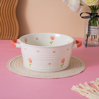 Fancychic high-looking double-ear soup bowl large 2025 new large bowl ceramic instant noodle bowl household tableware snail noodle soup basin 8-inch double-ear large soup bowl (tulip)