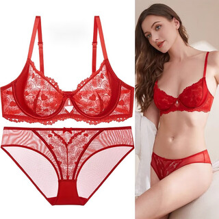 Victoria palace sexy bra set lace push-up ultra-thin underwear side cushion anti-sagging bra set zodiac year underwear red 75c 34 (default with m size underwear)