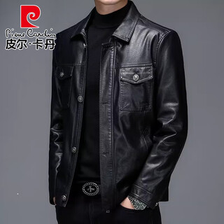 Pierre cardin 2025 spring and autumn new leather jacket men's lapel middle-aged and old men's work jacket velvet thickened winter style black (pocket motorcycle) thin section 2xl (185) (150-165jin jin is equal to 0.5 kg)
