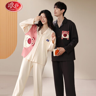Langsha couple pajamas women's spring and autumn pure cotton long-sleeved cardigan can be weared out autumn cute cartoon home clothing men's suit 8026 couple m female + xl male