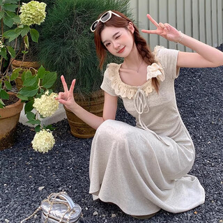 Gochiei summer niche design lady style lace splicing lace versatile waist short sleeve square collar temperament mid-length skirt lace-up mid-length skirt m recommended 90-105 jin jin equals 0.5 kg