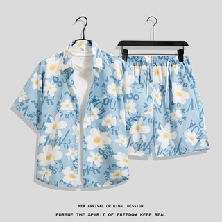 Kennedy shirt summer men's casual shirt jacquard short-sleeved men's shirt floral shirt hawaiian loose beach vacation jacket blue-flower-shirt shorts two-piece 2xl 170cm-180cm