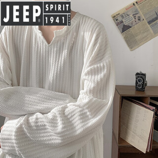Jeep spirit light luxury white striped collar long-sleeved shirt men's heavy loose american henry collar bottoming shirt white m