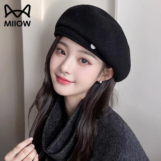 Catman beret women's autumn and winter three-dimensional large head circumference woolen temperament korean octagonal forward painter hat black one size (56cm-59cm)