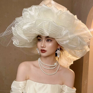 Tongrubi french retro cloud top hat women's banquet photo photo props bride wedding dress high-end picture color is beige and contains long yarn