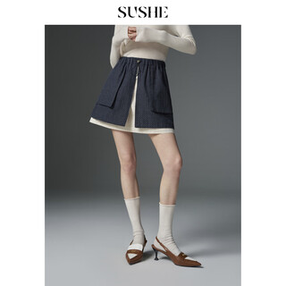 Sushe xunting retro movie-like cotton and linen stitching contrasting plaid jacket a-line skirt suit for women spring qingming blue-skirt m