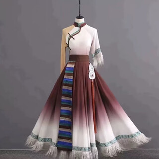 Oxygen tibetan dance costume art test tsering lasuo female minority mongolian performance dance costume set top + 360 degree swing skirt + belt + headgear gradient xs recommended height 150-160cm