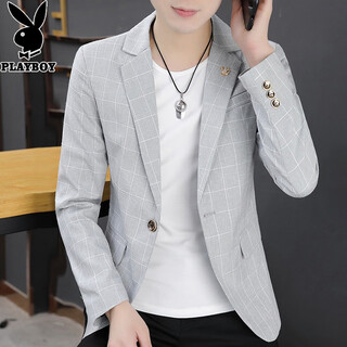 花花公子（PLAYBOY）小西装外套男士春秋季格子韩版修身帅气休闲西服男套装潮流百搭 QLZ1922款-浅灰色【单件西服】 XL