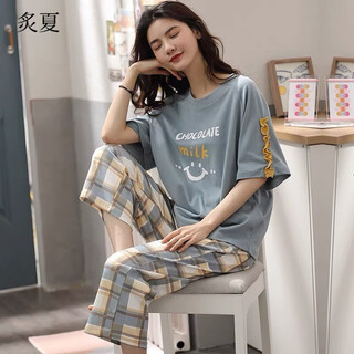 炙夏涤棉睡衣女夏季短袖七分裤套装宽松春夏天可 短-袖七分裤673 2XL 建议125-135斤穿