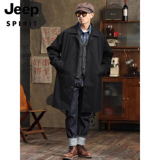 Jeep spirit balmakken score american casual retro workwear windbreaker mid-length knee-length loose single-breasted jacket black 2xl 150-170jin jin equals 0.5 kg