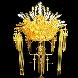 Shu mo full golden bridal phoenix crown new high-end chinese bridal headdress hanfu tassel phoenix crown hair crown queen aunt phoenix crown + earring clip