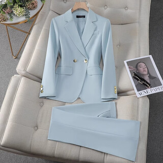 Jian ting professional suit suit for women 2025 high-end formal occasion announcer host formal suit jacket work clothes two-button sky blue suit + bootcut pants l (recommended 100-110 jin jin equals 0.5 kg)