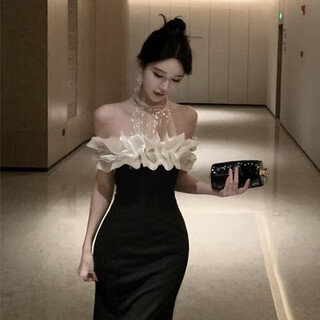 Yiou halter neckline slim fit hepburn style dress women's floor-length bust pad banquet host dress 2379 black m