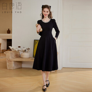 Bailuyu spring and autumn round neck contrast color bead chain little black dress retro slim midi long sleeve dress black xl