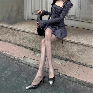 Jioesc smoke gray stockings women's side lace pantyhose sexy temptation slim vertical strip ultra-thin transparent leg stockings smoke gray 10d 1 pair