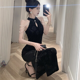 Yujiyu black skirt small evening dress banquet dress slim fishtail cheongsam dress black s recommended 80-93jin jin equals 0.5 kg