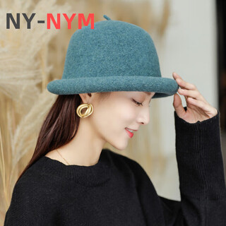 Ny-nym new wool woolen hat women's british retro curled autumn and winter hepburn style top hat french dome small pull-on trend wool curl-edged small pull-on basin hat peacock blue m (56-58cm)