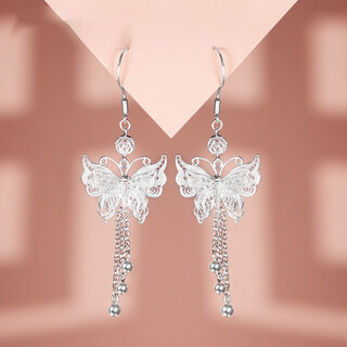 Lipan 999 pure silver earrings, silver earrings, sterling silver earrings, butterfly tassel filigree, chinese valentine's day gift for girlfriend, butterfly tassel earrings, copper-plated silver style + gift box (exquisite gift box)