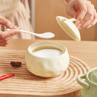 Wellmeet salt shaker large capacity ceramic with spoon lid kitchen household high temperature resistant chili oil lard seasoning jar spice storage box no handle milk white 400ml - free spoon