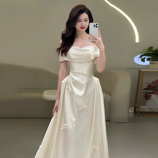 Aifangniao high-end french dress women's banquet evening dress satin light wedding dress one-shoulder student adult ceremony art test vocal skirt white xs