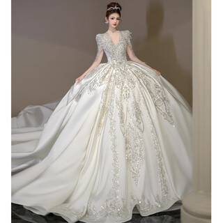 Seasonal heavy industry v-neck wedding dress long-sleeved bride wedding host 2024 new small textured satin large size winter tail style (free skirt support gloves veil) l