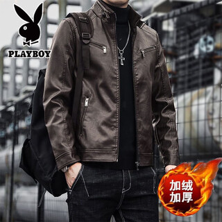 Playboy leather jacket for men spring 2025 new haining anti-genuine leather korean slim motorcycle jacket leather jacket for men youth jacket trendy brown velvet 3xl 160-175jin jin is equal to 0.5 kg