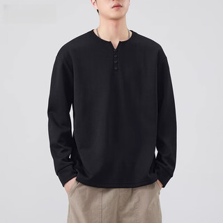 Jeanswest 2025 henry collar black men's long-sleeved t-shirt autumn and winter tops autumn and winter sweatshirt men's inner layering shirt men black m
