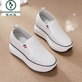 Woodpecker thick-soled slip-on shoes for women, 2025 spring and summer taller white shoes with skirt, wedge heel platform rocking shoes, white summer style, leather punching, regular size 38