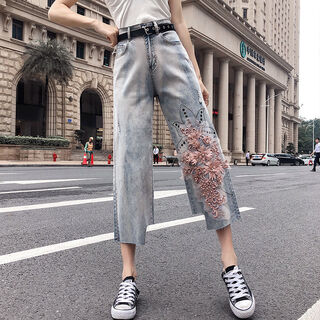 
Li Shangduo wide-leg nine-point jeans for women in spring and summer high-waist thin straight-hole ripped bead embroidered flower large-size trend 9928# blue S 80-95Jin [Jin equals 0.5 kg]