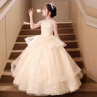 Hanquan high-end girls evening dress 2025 summer flower girl little girl children birthday princess dress host catwalk performance costume champagne color 160 suitable for weight 80-90jin jin is equal to 0.5 kg