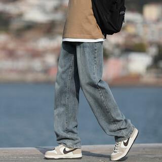 Homlean american washed jeans men's spring and summer high street handsome loose straight wide-leg long pants hs05 retro blue xl