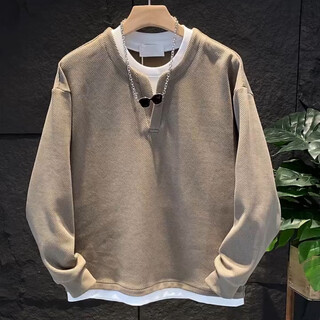 Kuraishi kazuki trendy brand fake two-piece sweatshirt men's 2025 autumn and winter new japanese style simple solid color loose casual bottoming shirt top khaki xl 140-160jin jin is equal to 0.5 kg