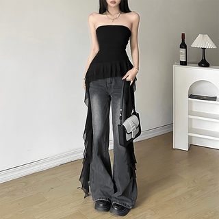Hui shihui tube top, pure lust style top, hot girl camisole, women can wear lace outside, tight-fitting seaside wear, sexy style, ruffled tassel, irregular tube top, black l, recommended 110-120 jin jin is equal to 0.5 kg