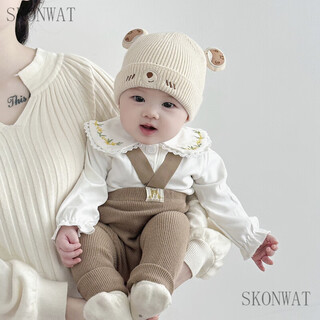 Skonwat baby hat autumn and winter newborn knitted hat baby ear protection hat infant and toddler warm thickened wool hat winter little bear-beige 37-46cm0-12 months