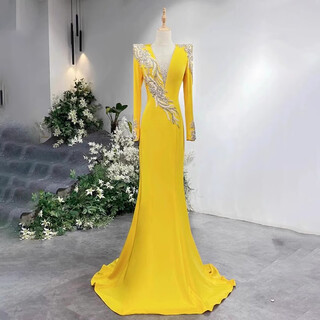 Xiaohanlu new year's eve high-end evening dress annual meeting yellow host grand cctv long-sleeved student art exam solo performance catwalk yellow xl