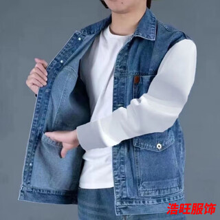 口旋春夏美式复古牛仔外套宽松多口袋潮流帅气背心工装马甲坎肩夹克男 蓝色 六口袋皮标牛仔马甲 3XL