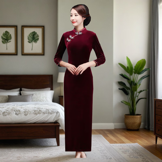 Hongyun embroidery improved gold velvet cheongsam korean velvet spring and autumn new nine-quarter sleeve cheongsam dress slimming retro dress burgundy long nine-quarter sleeves 3xl