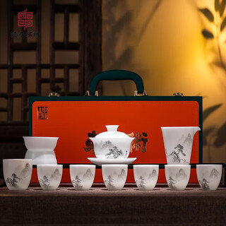 Langting yafang ice seed mutton fat jade kung fu tea set pure hand-painted household cover bowl light luxury ceramic high-end tea cup high-end wujian hand-painted tea set 1 piece
