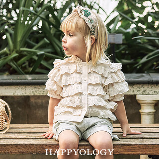 Happyology british children's spring and summer new shirt girls embroidered children's clothing multi-layer lace short-sleeved top milk white 125 (124cm)