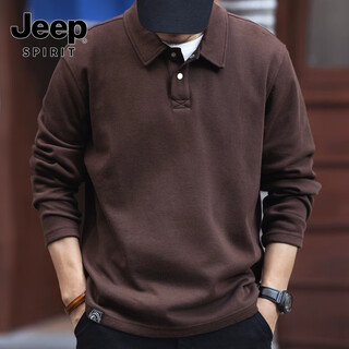 Jeep spirit 250g heavy piqué cotton simple polo shirt for men 2024 spring and autumn retro simple loose long-sleeved t-shirt dark brown 2xl suitable for 160-180jin jin equals 0.5 kg