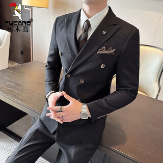 Woodpecker (tucano) lapel collar double-breasted suit men's slim suit striped small suit professional formal suit groom handsome wedding dress black one-piece suit xl